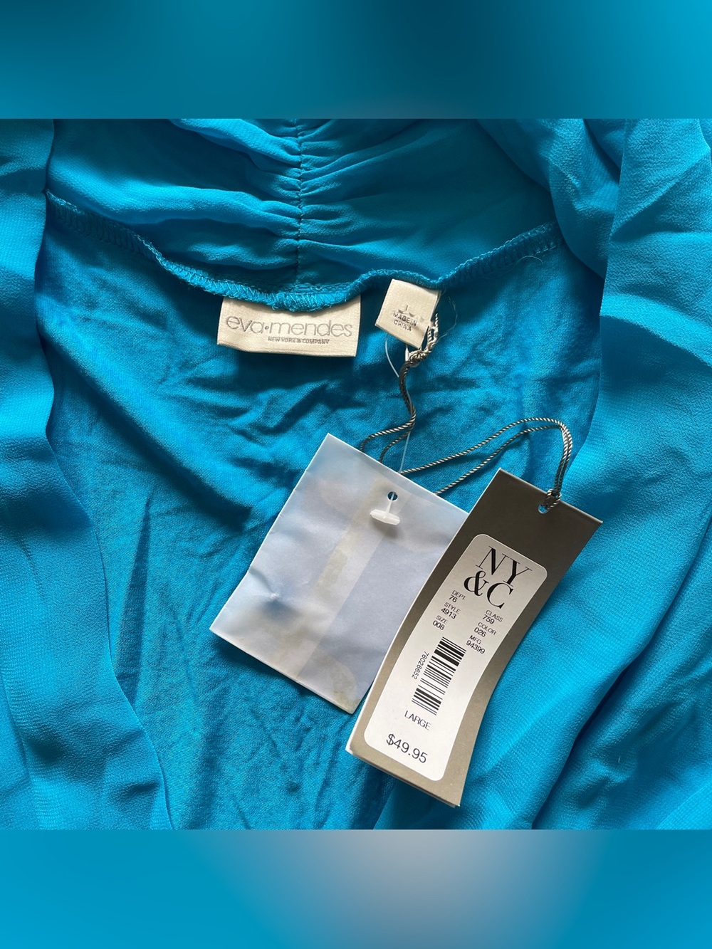 NY&Co Eva Mendes Collection Turquoise Blue Draped Long Sleeve Bodysuit Large NWT - Picture 4 of 7